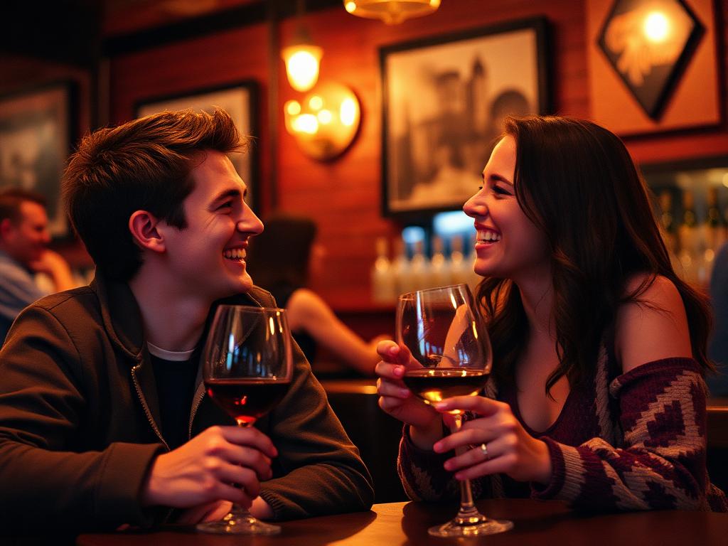Two people on a date at a wine bar