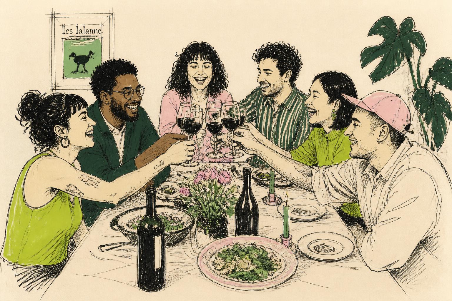 Hand-drawn illustration of friends toasting at a dinner table